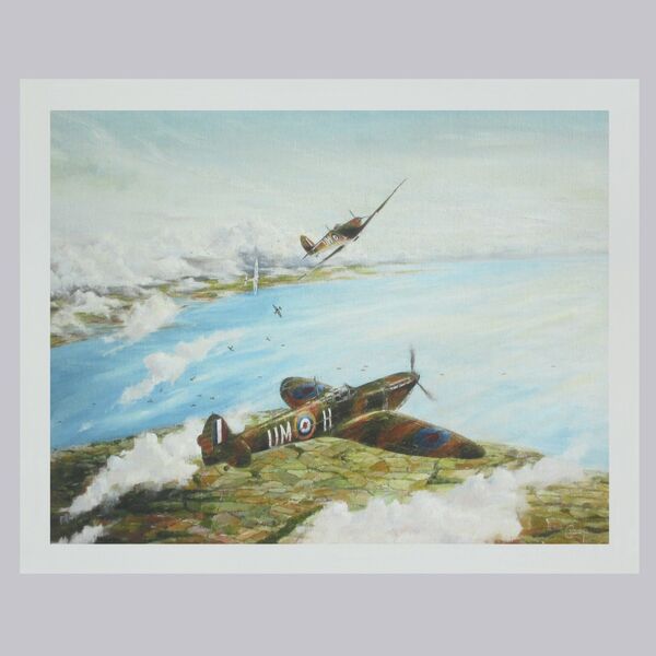 Spitfires led by D. Boitel-Gill dive to attack German Stuka aircraft over the Isle of Wight.