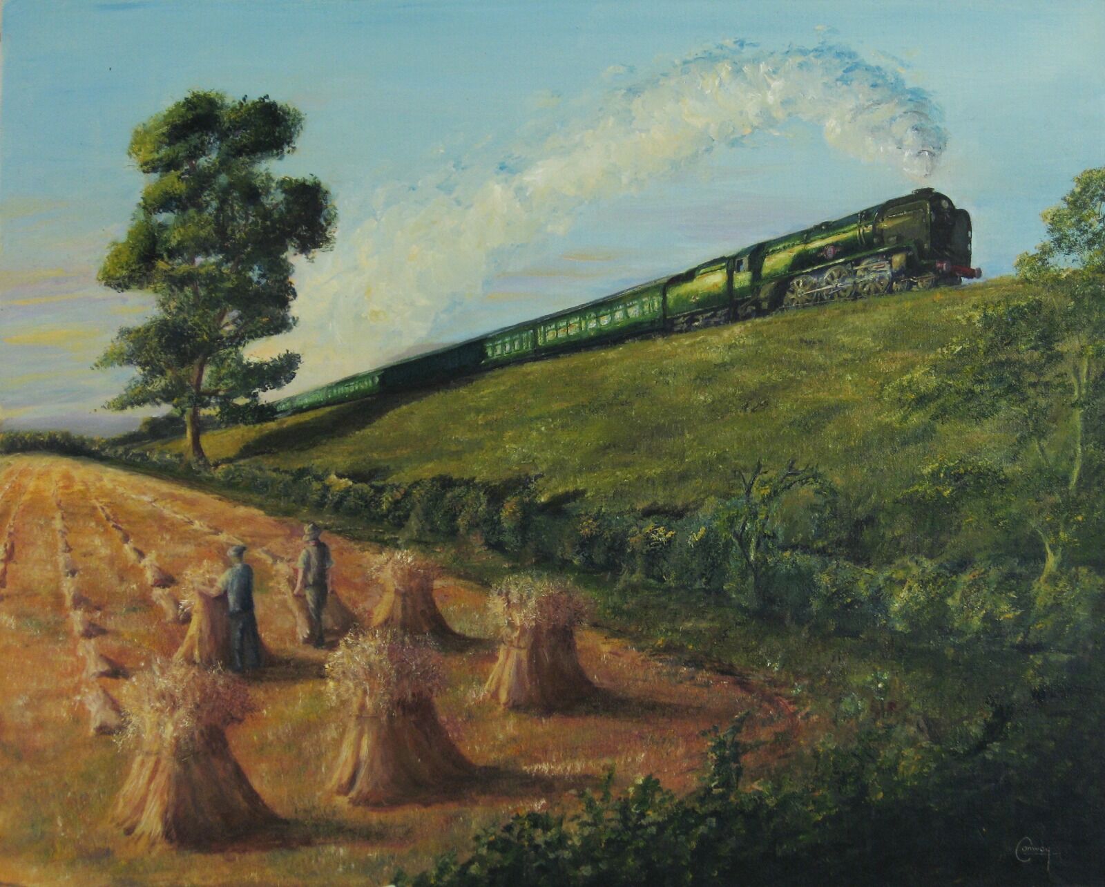 Painting of a Rebuilt Merchant Navy Class Locomotive and coaches with farmworkers and sheaves and stooks in foreground.