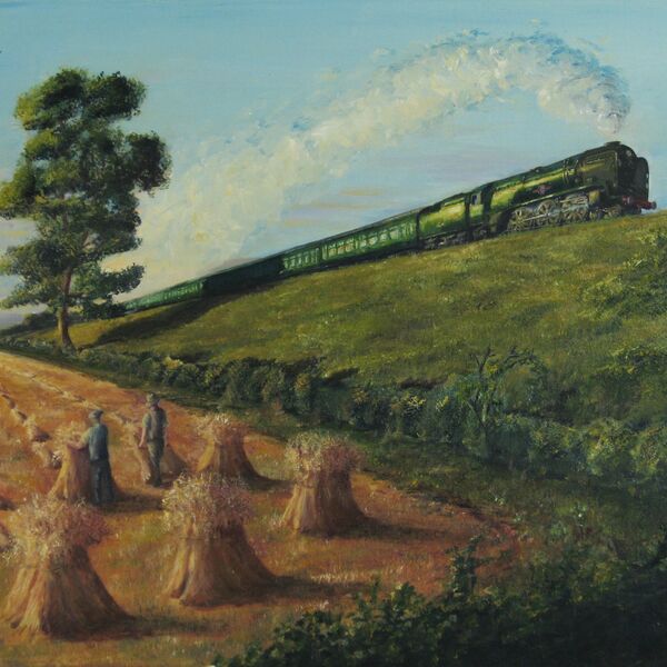 ‘Late Workers’ - Rebuilt SR Merchant Navy Class, 35008 ‘Orient Line’, near Medstead. £723 (+p&p) Painting of a Rebuilt Merchant Navy Class Locomotive and coaches with farmworkers and sheaves and stooks in foreground.
