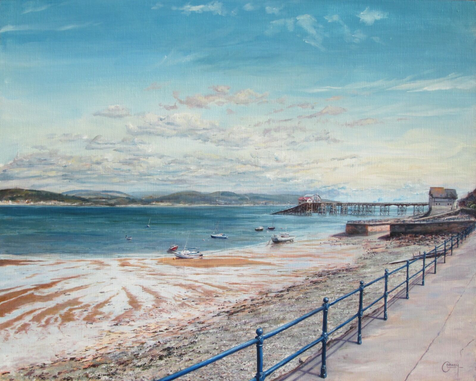 Painting of Mumbles showing sea, beach and pier.