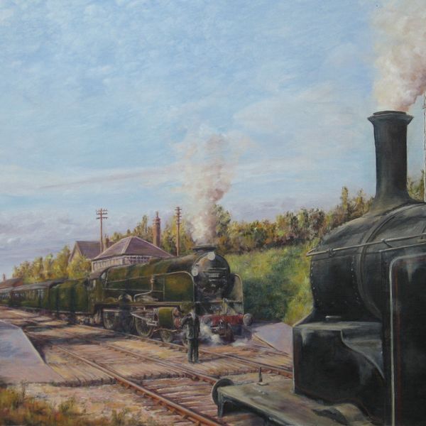'Pause at the Summit' SR Lord Nelson Class, 30862 "Lord Collingwood" and an SR M7 0-4-4 Tank, Medstead Station. £723 (+p&p) Painting of Lord Nelson Class locomotive with M7 Tank locomotive meeting at Medstead Station, with signal man holding line token up.