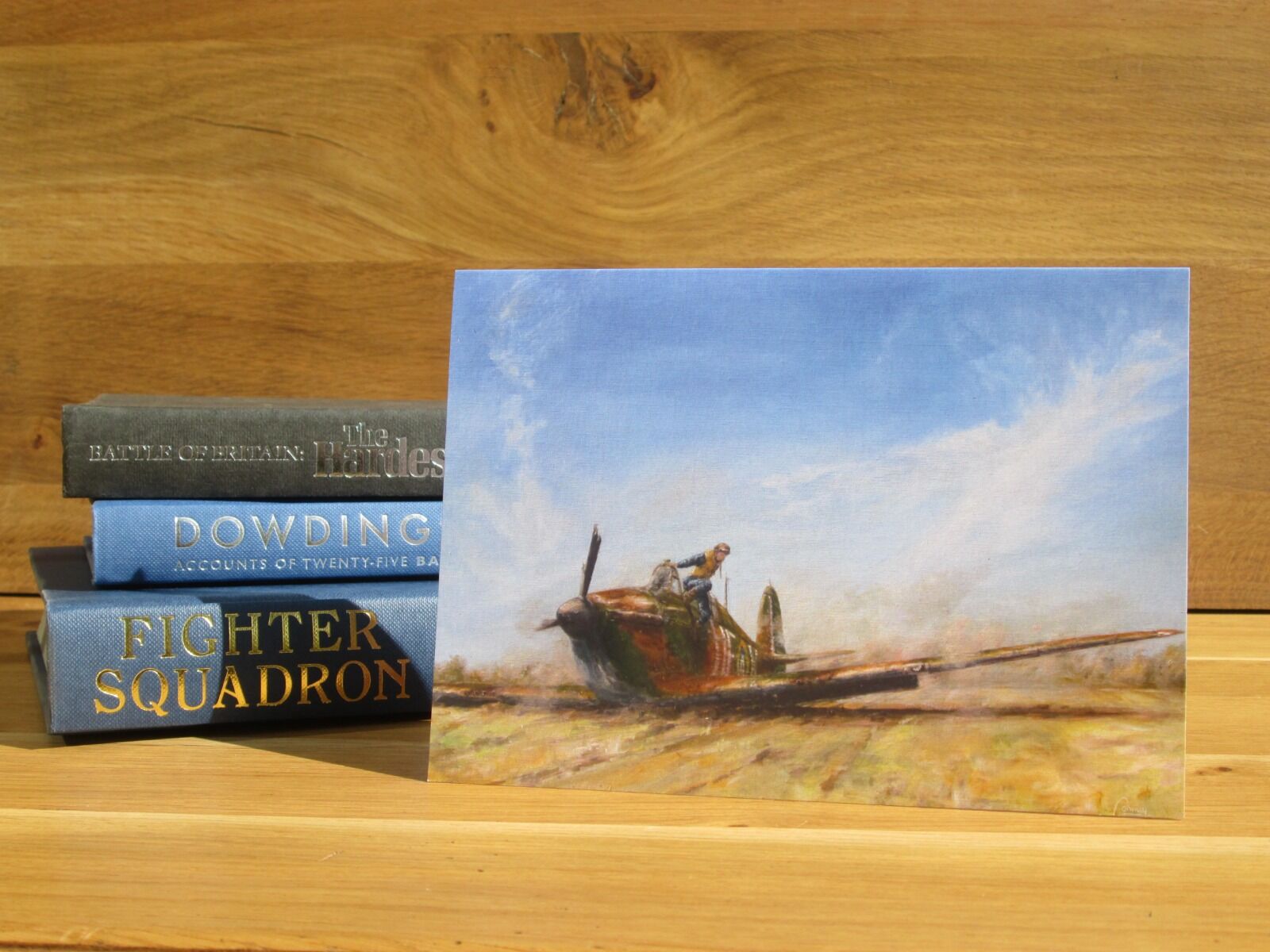 Painting of a pilot exiting his Spitfire after a forced landing.