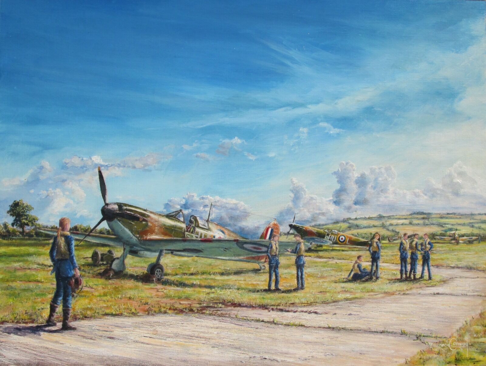 Painting of female pilot Harriet Cornwall walking towards a Spitfire with other pilots and Spitfires in the background, under a blue sky on an airfield.