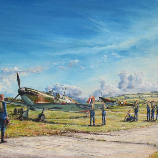 Painting of female pilot Harriet Cornwall walking towards a Spitfire with other pilots and Spitfires in the background, under a blue sky on an airfield.