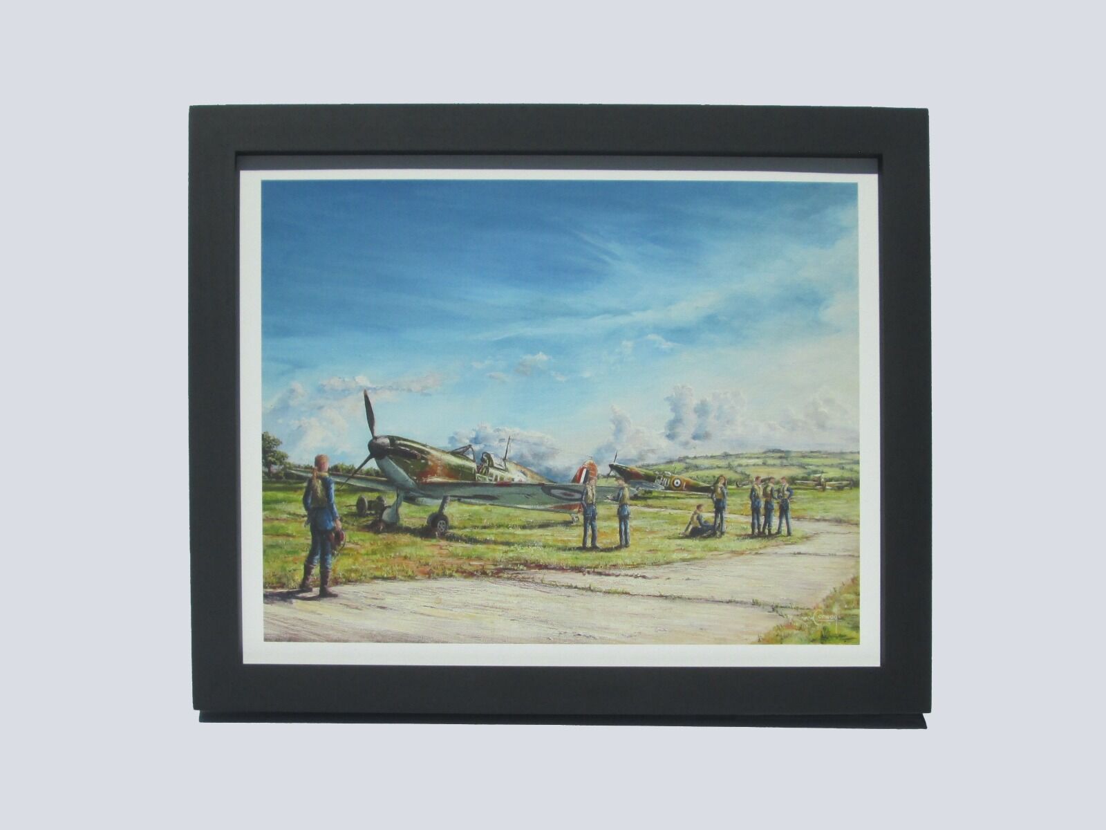 Painting of female pilot Harriet Cornwall walking towards a Spitfire with other pilots and Spitfires in the background, under a blue sky on an airfield.