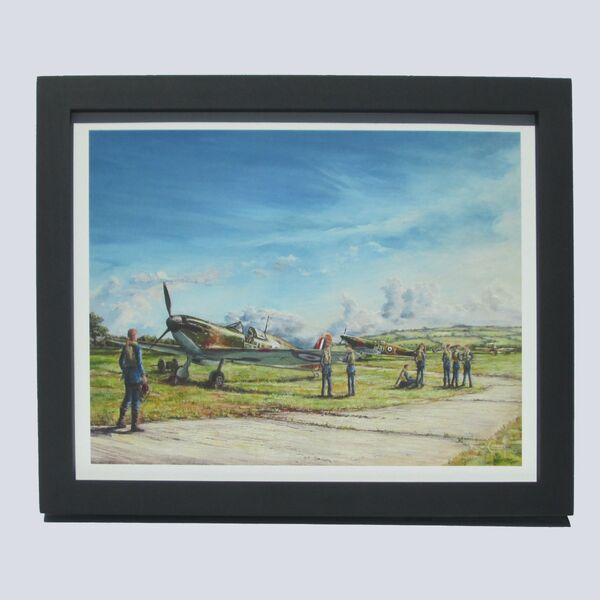 Painting of female pilot Harriet Cornwall walking towards a Spitfire with other pilots and Spitfires in the background, under a blue sky on an airfield.