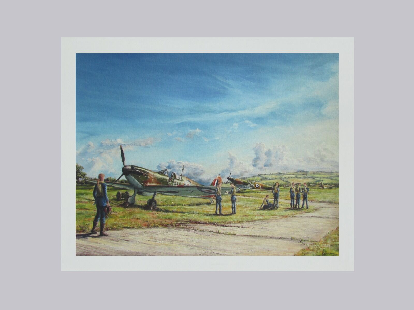 Painting of female pilot Harriet Cornwall walking towards a Spitfire with other pilots and Spitfires in the background, under a blue sky on an airfield.