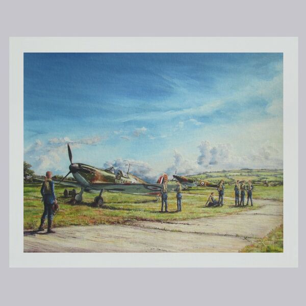 Painting of female pilot Harriet Cornwall walking towards a Spitfire with other pilots and Spitfires in the background, under a blue sky on an airfield.
