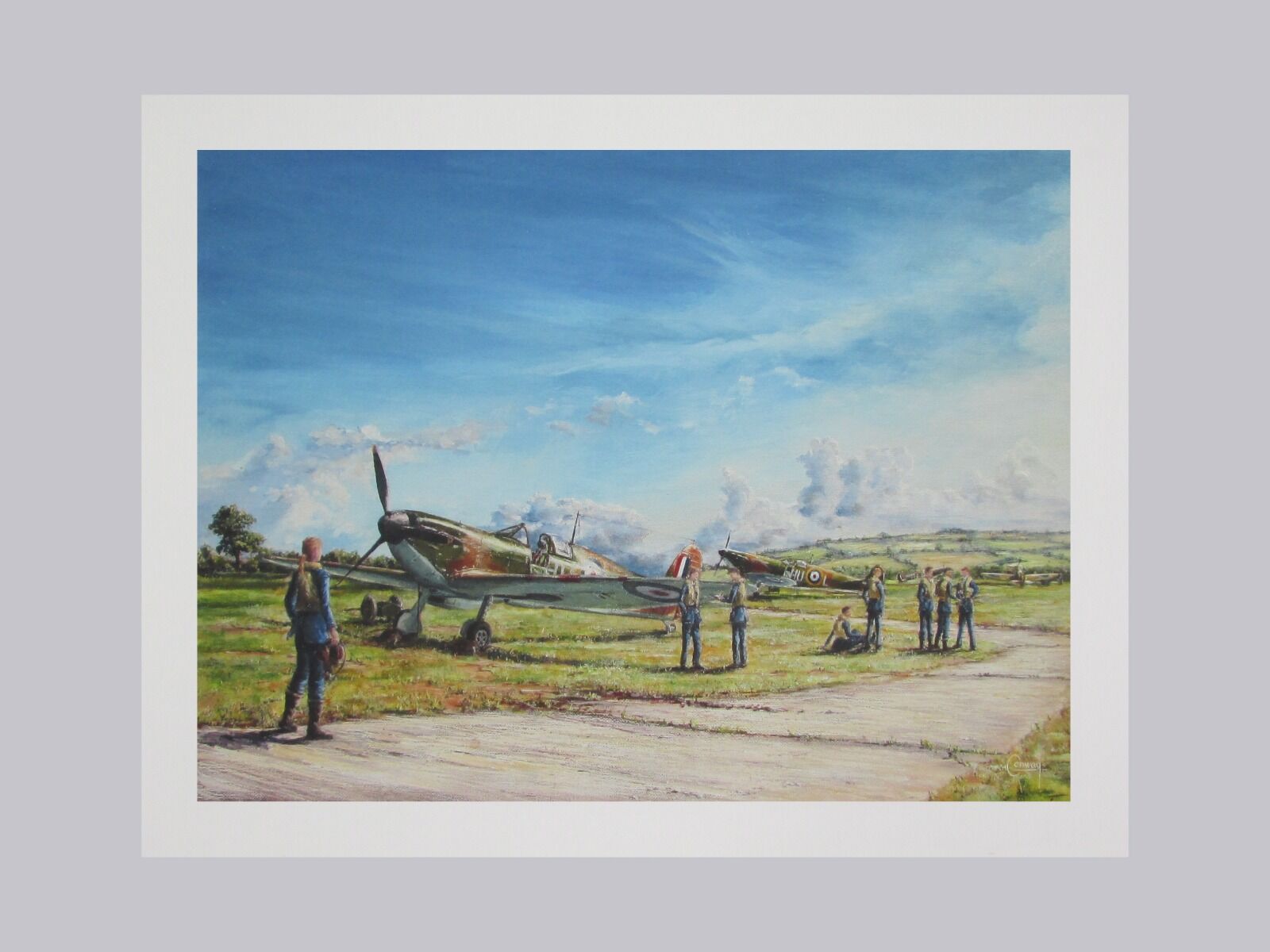 Painting of female pilot Harriet Cornwall walking towards a Spitfire with other pilots and Spitfires in the background, under a blue sky on an airfield.