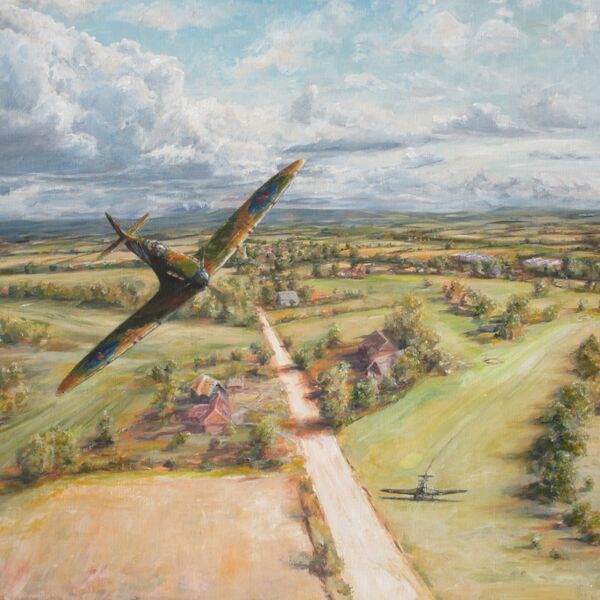 Painting of B. Whall's Spitfire flying over a golf course on which a Stuka Aircraft has landed.