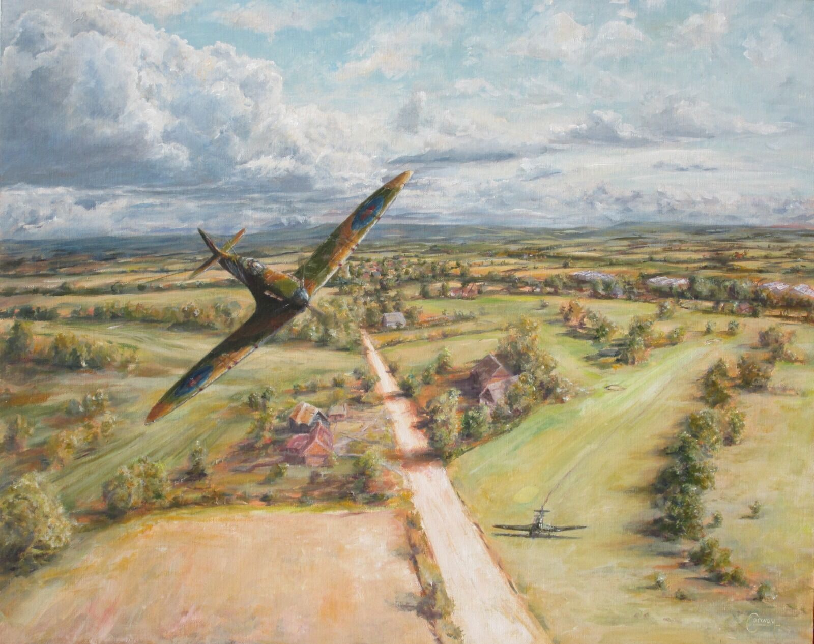 Painting of B. Whall's Spitfire flying over a golf course on which a Stuka Aircraft has landed.