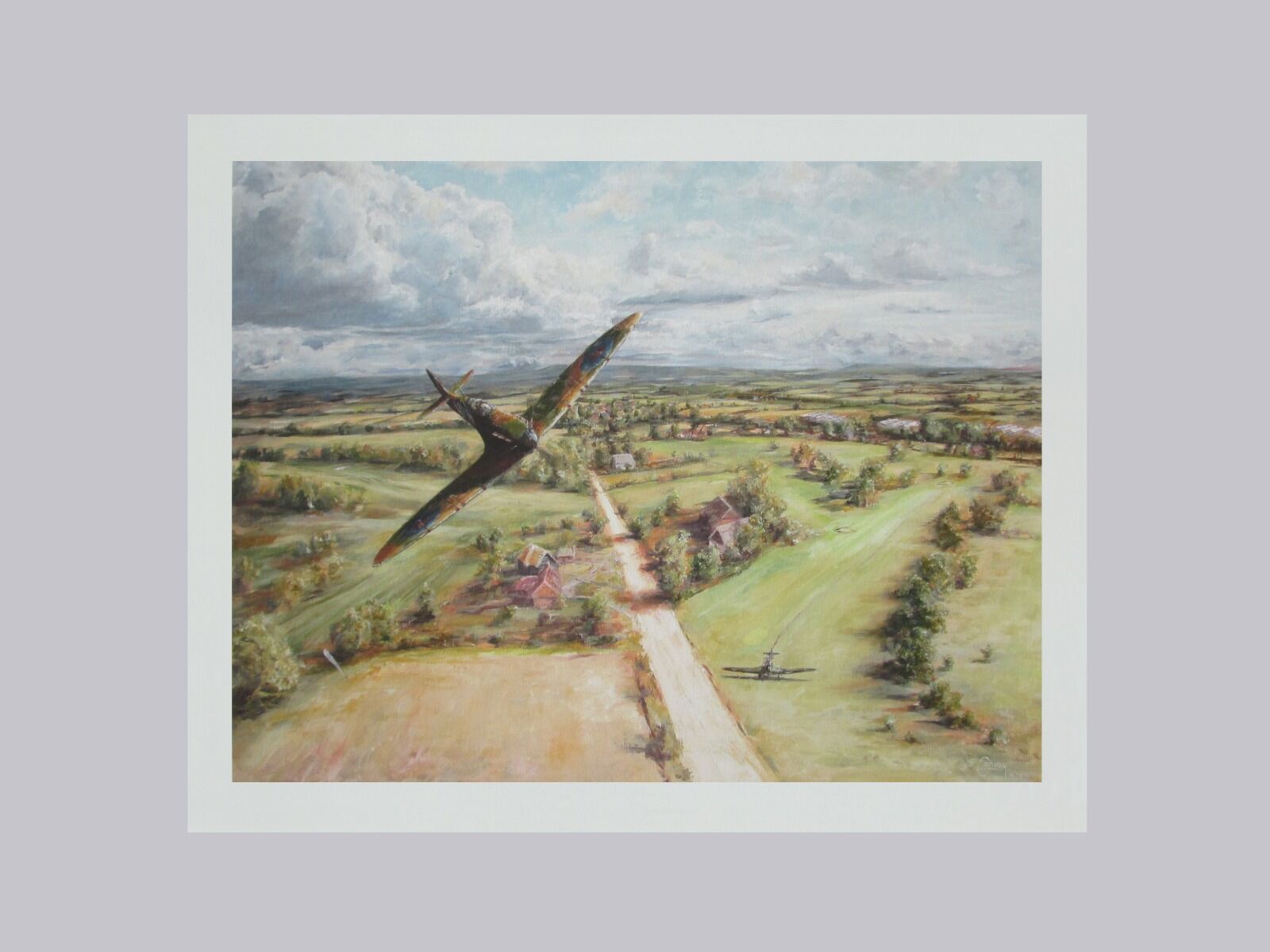 Painting of B. Whall's Spitfire flying over a golf course on which a Stuka Aircraft has landed.