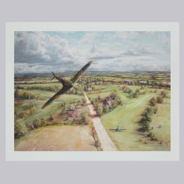 Painting of B. Whall's Spitfire flying over a golf course on which a Stuka Aircraft has landed.