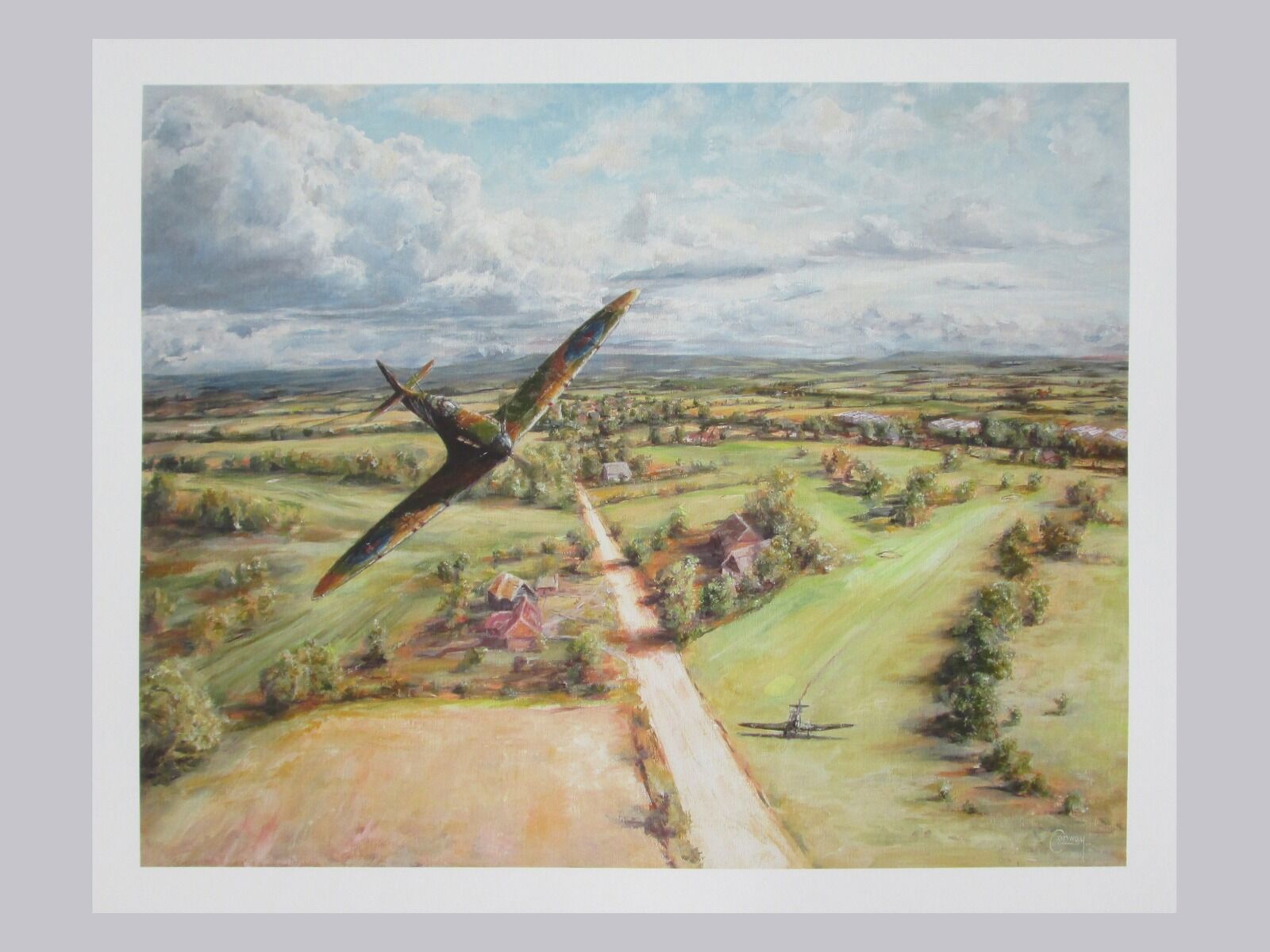 Painting of B. Whall's Spitfire flying over a golf course on which a Stuka Aircraft has landed.