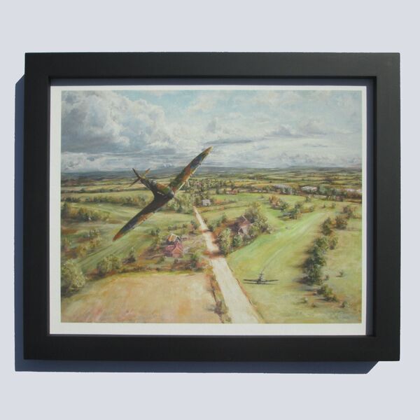 Painting of B. Whall's Spitfire flying over a golf course on which a Stuka Aircraft has landed.