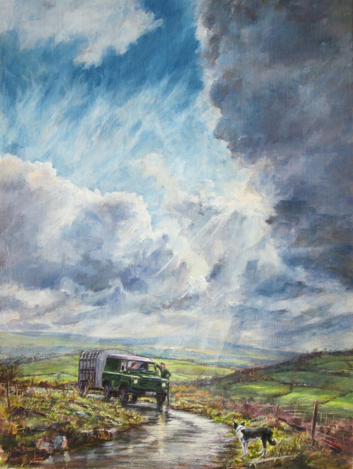 Painting of Landrover and livestock trailer with sheepdog and farmers.