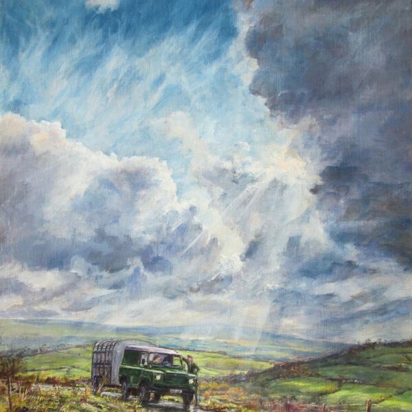 Painting of Landrover and livestock trailer with sheepdog and farmers.