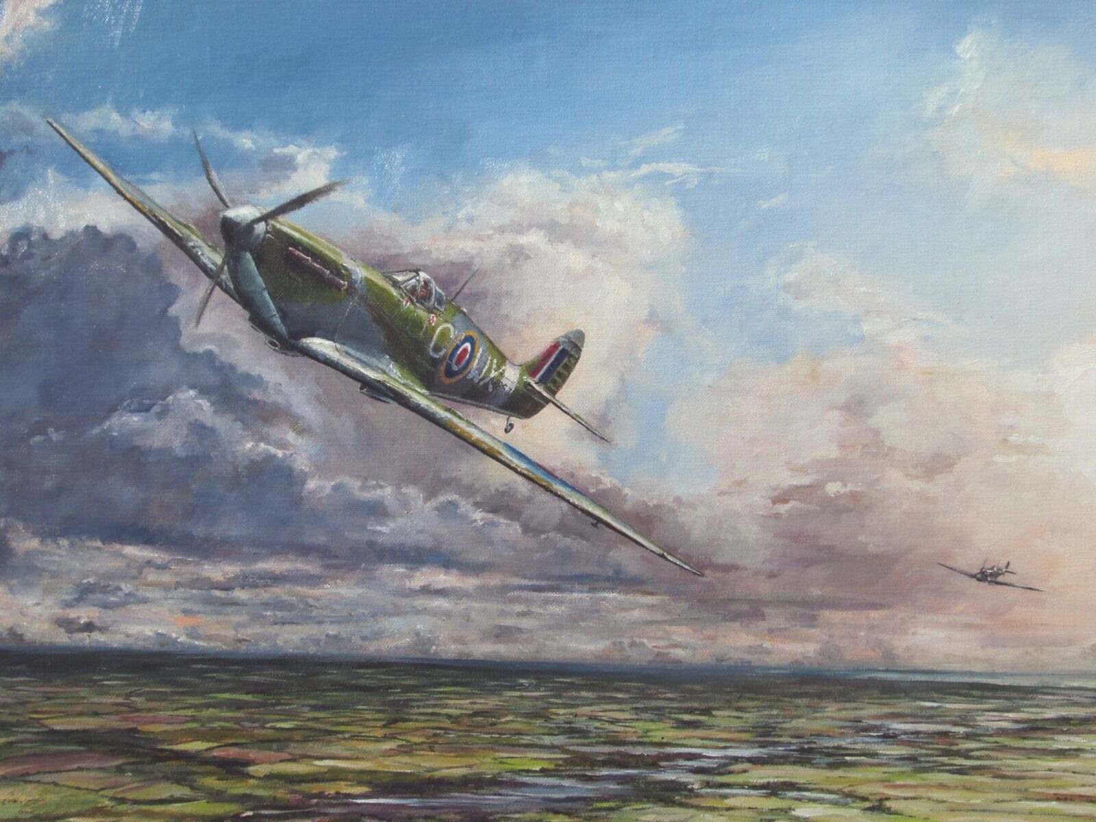 Painting of two Mark V Spitfires, flying low over the Norfolk Braods
