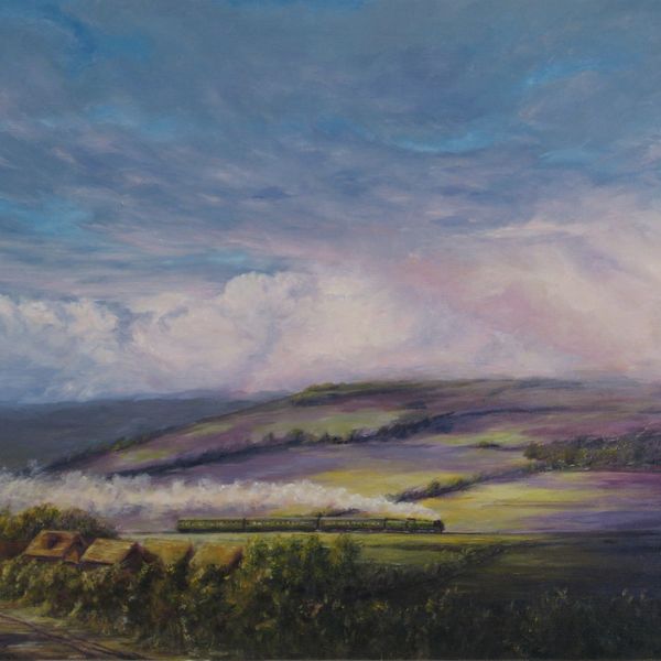 ‘Ascent Over, Evening Rain Ahead’ - Landscape with SR V Schools Class near Hackhurst. £431 (+p&p) Painting of a distant locomotive trailing a plume of steam entering rain clouds against hilly background.