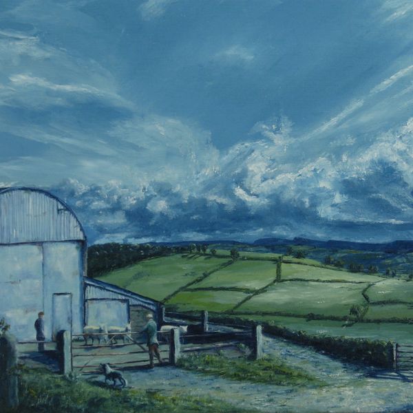 'Leaning on a Gate' - Llansawel, Carmarthenshire. Available through Oriel Mimosa Gallery, Llandeilo Painting of farmers looking at sheep.