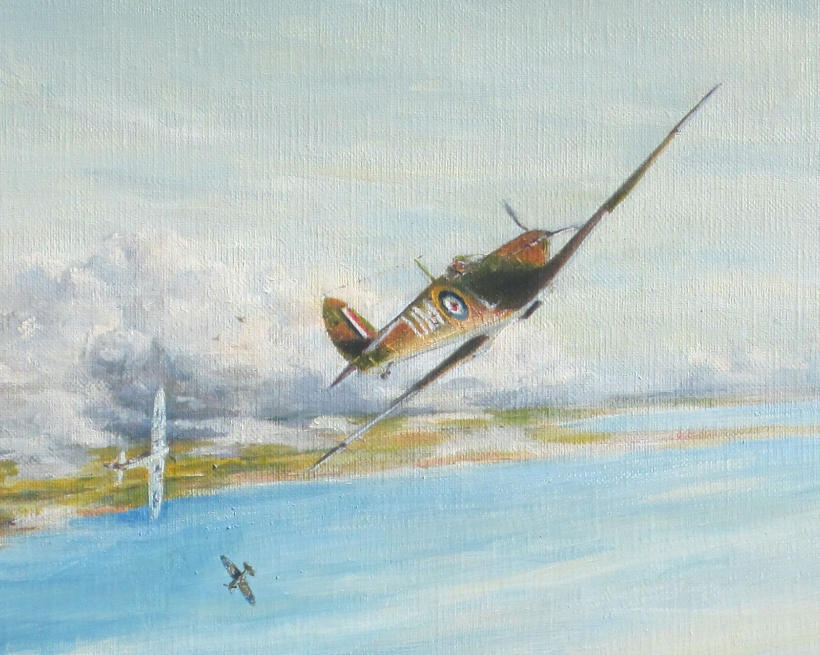 Three Spitfires turn into combat over the English Channel 1940