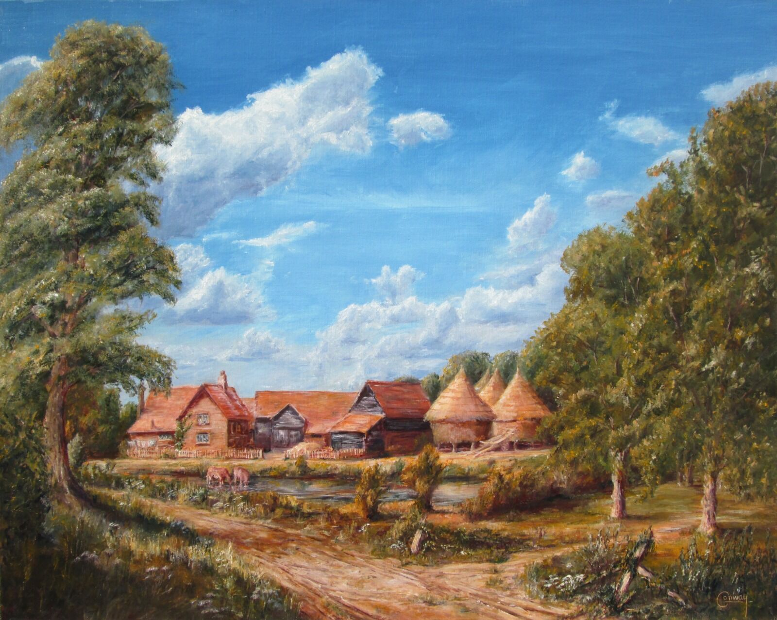 Painting of an old farm on a summer's afternoon.