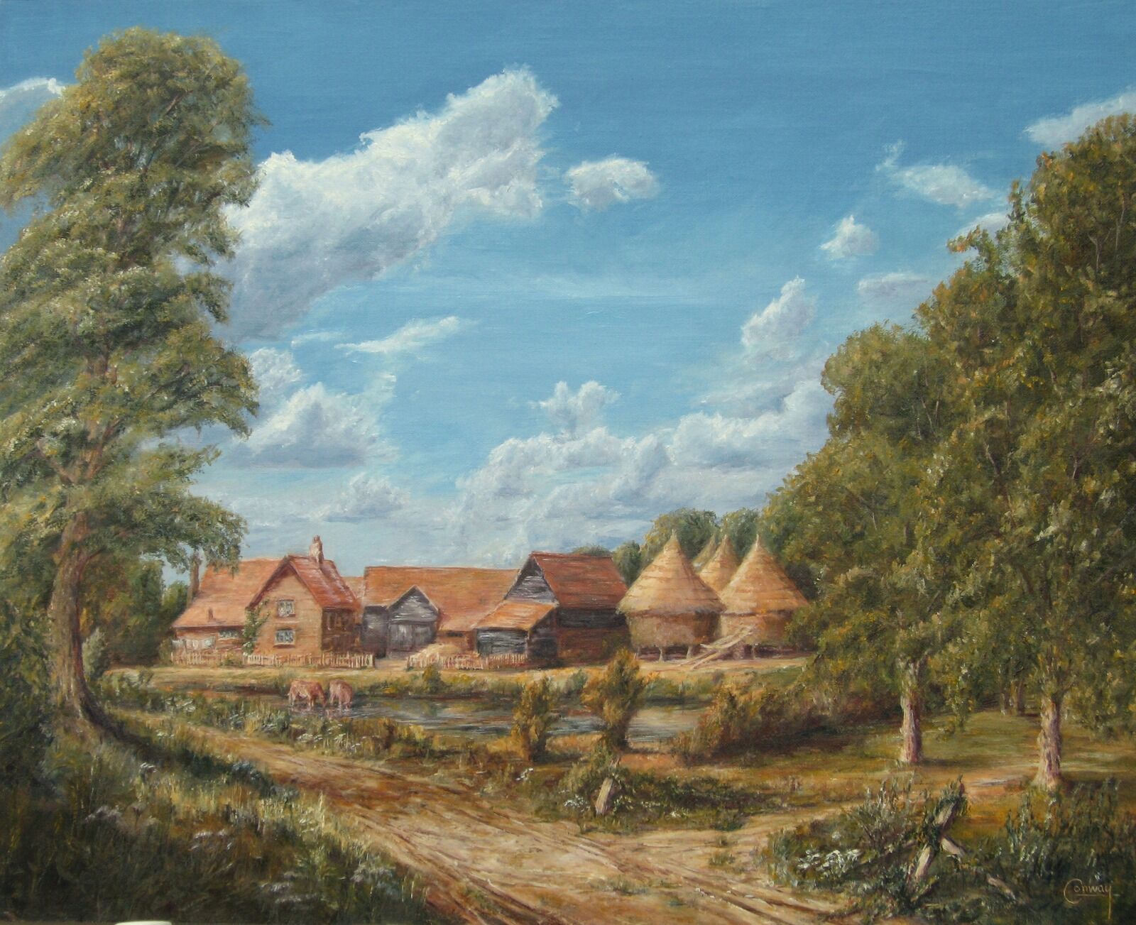 Painting of an old farm on a summer's afternoon.