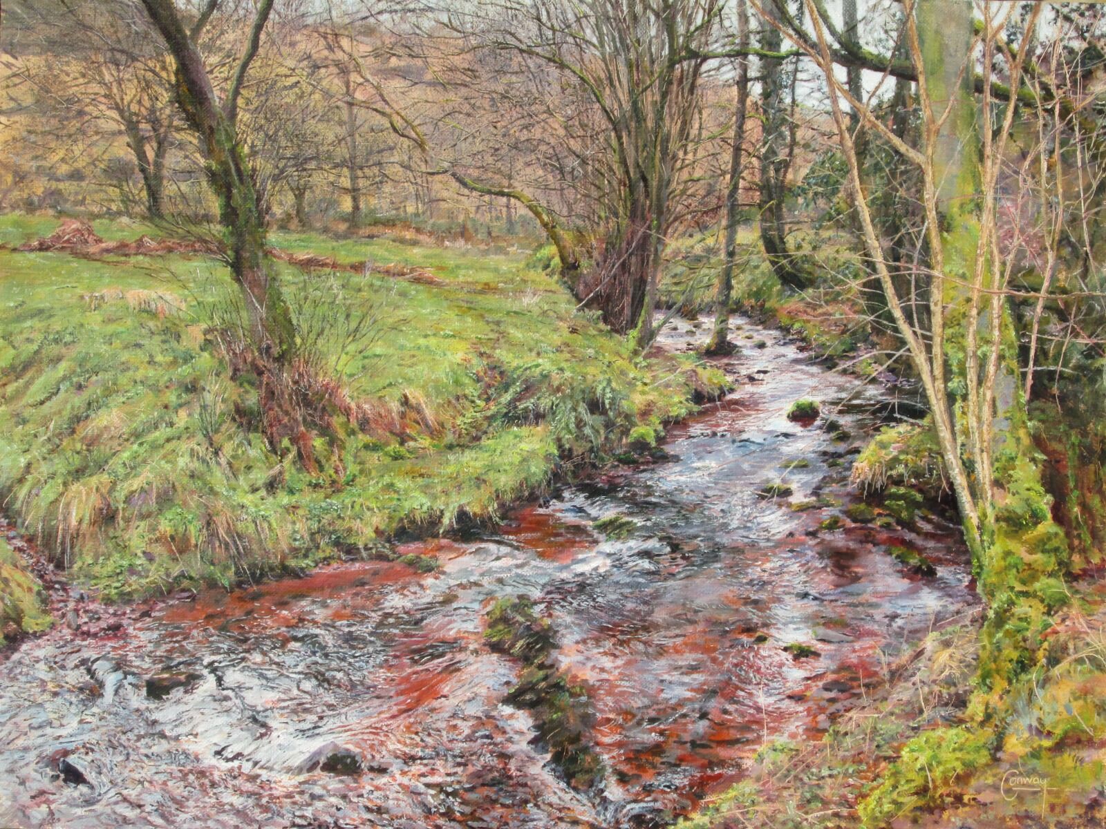 Painting of a stream amongst winter trees.
