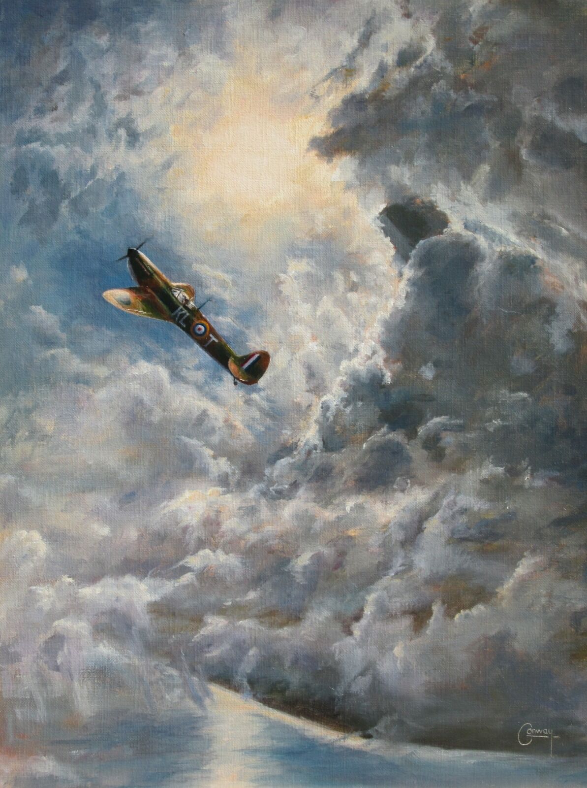 Painting of D. G. Gribble's Spitfire climbing through clouds in front of the sun over the Essex Coast.