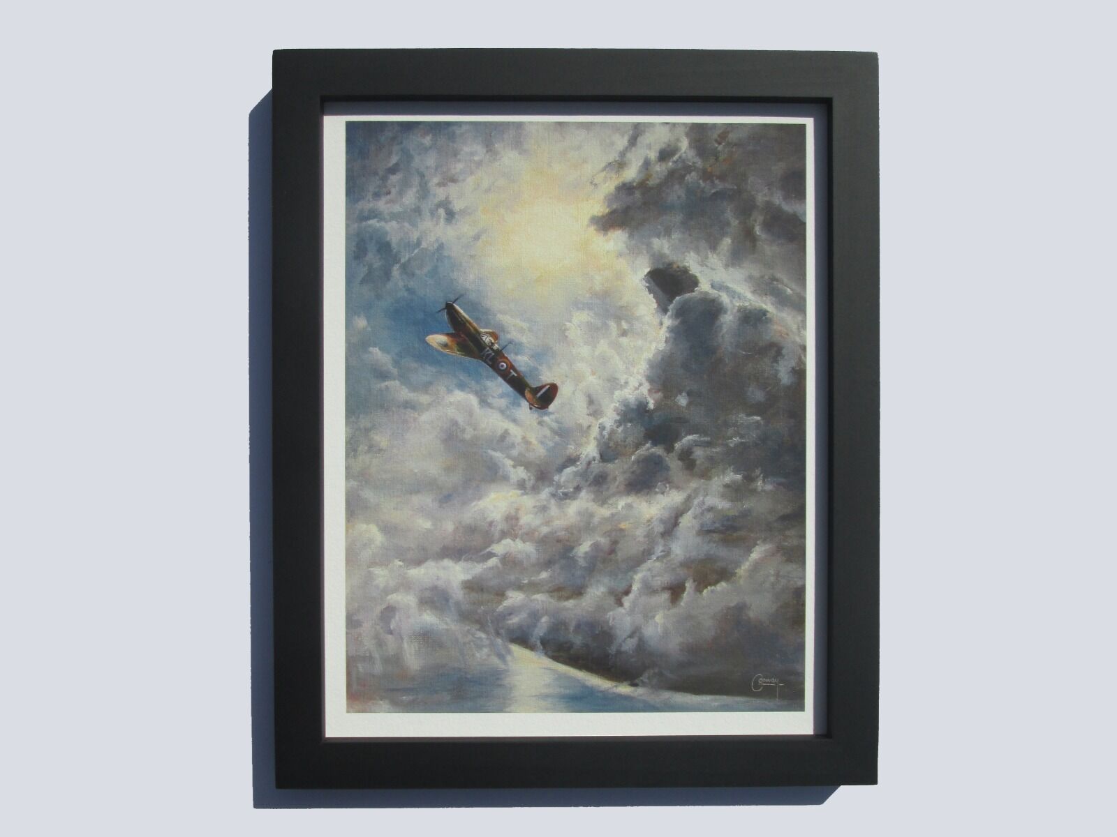 Painting of D. G. Gribble's Spitfire climbing through clouds in front of the sun over the Essex Coast.