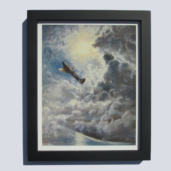 Painting of D. G. Gribble's Spitfire climbing through clouds in front of the sun over the Essex Coast.