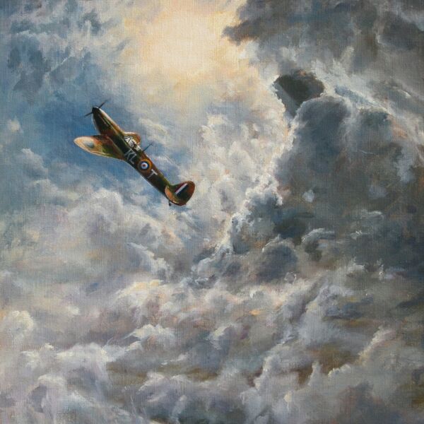 Painting of D. G. Gribble's Spitfire climbing through clouds in front of the sun over the Essex Coast.