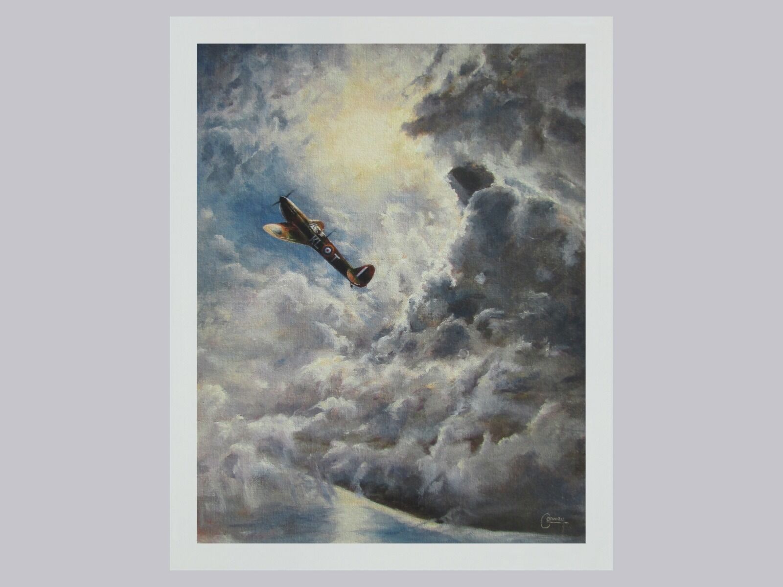 Painting of D. G. Gribble's Spitfire climbing through clouds in front of the sun over the Essex Coast.
