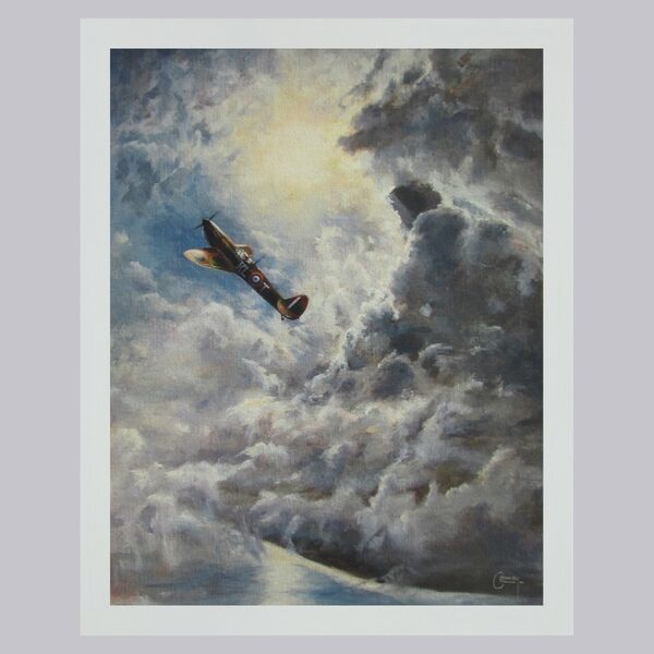 Painting of D. G. Gribble's Spitfire climbing through clouds in front of the sun over the Essex Coast.