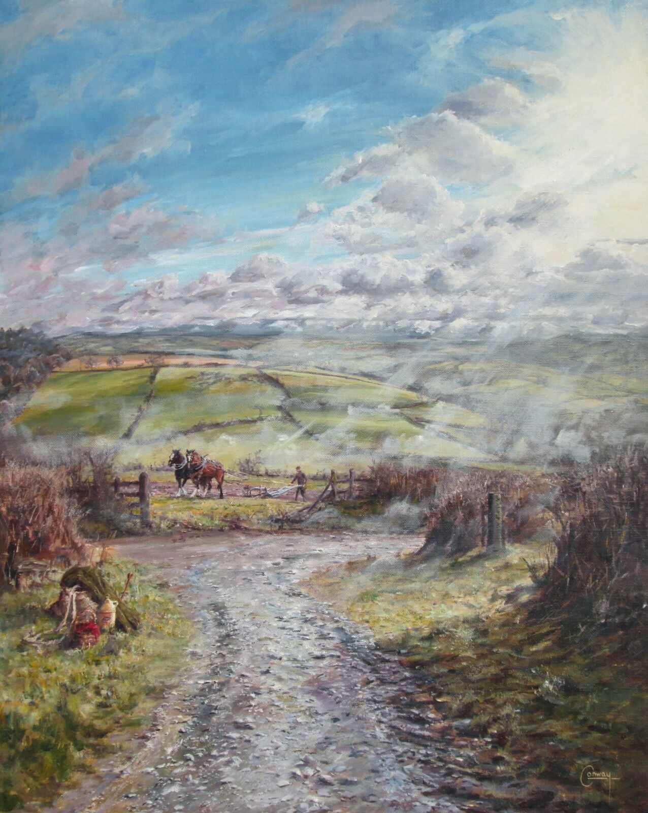 Painting of ploughing with horses, with the mist clearing away.