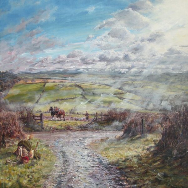'The Clearing Mist' - Llansawel, Carmarthenshire £800 (+p&p) Painting of ploughing with horses, with the mist clearing away.