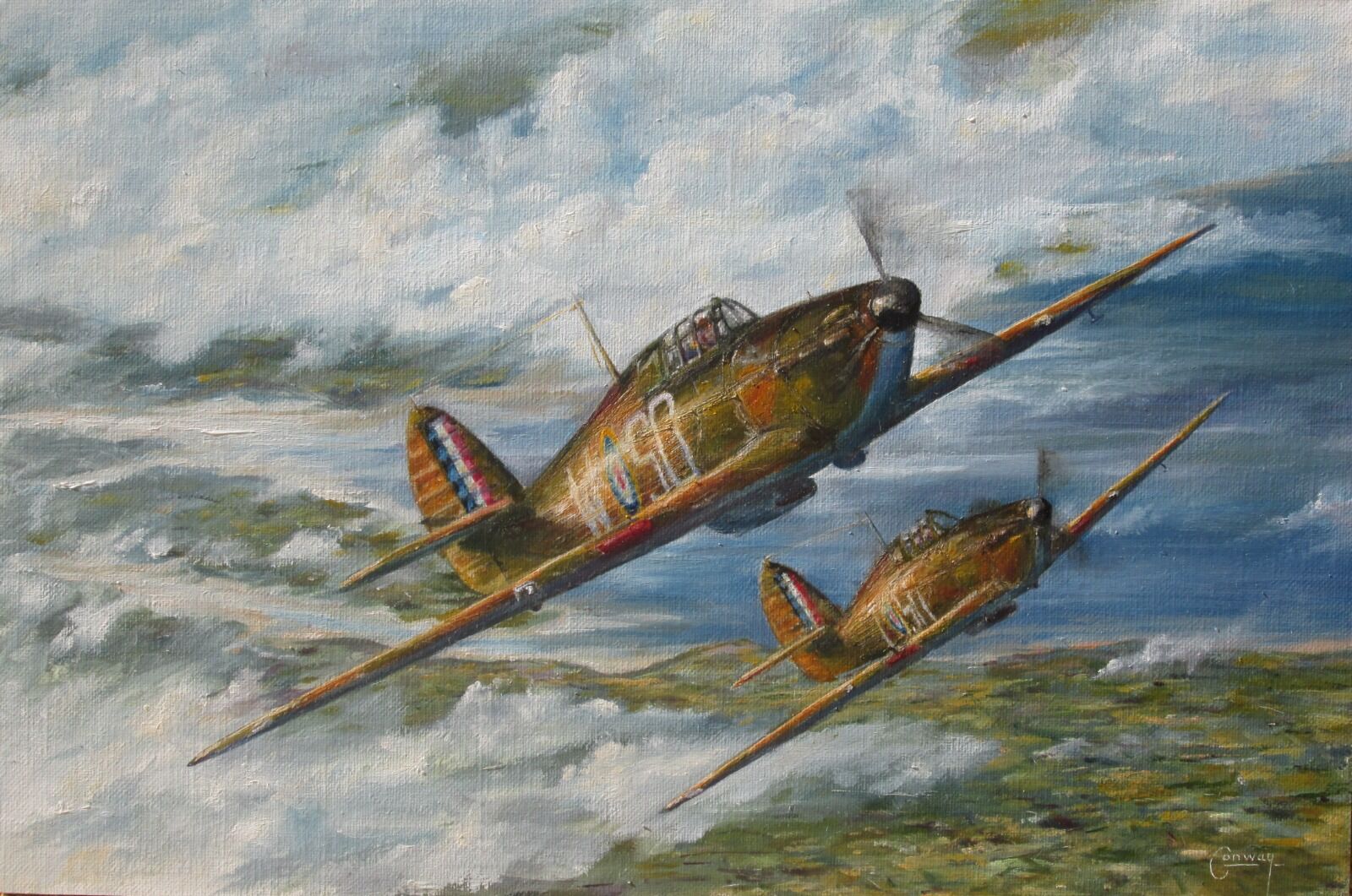 Painting of S. Witorzenc's and P. Zenker's Hurricanes climbing up through clouds above the Thames Estuary.
