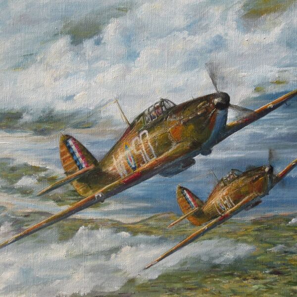 Painting of S. Witorzenc's and P. Zenker's Hurricanes climbing up through clouds above the Thames Estuary.