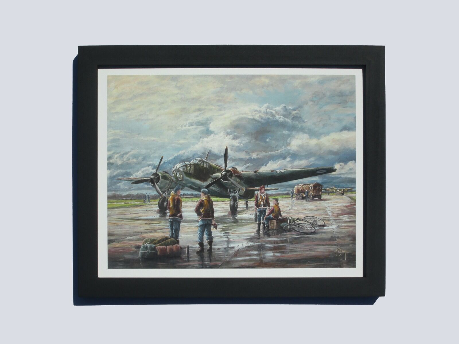 Painting of Bristol Beaufort AW288 with crew preparing for flight at Portreath Airfield