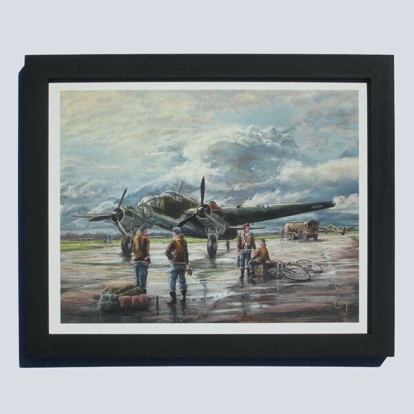 Painting of Bristol Beaufort AW288 with crew preparing for flight at Portreath Airfield