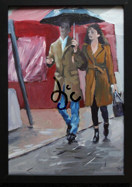 painting of a couple with an umbrella in acrylics