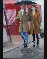 painting of a couple with an umbrella in acrylics