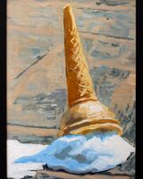 painting of an upside down ice cream melting on a pavement in acrylics