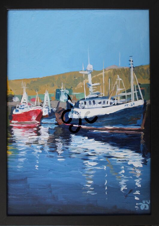 painting of A Harbour scene with two Boats in acrylics
