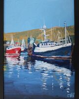 painting of A Harbour scene with two Boats in acrylics
