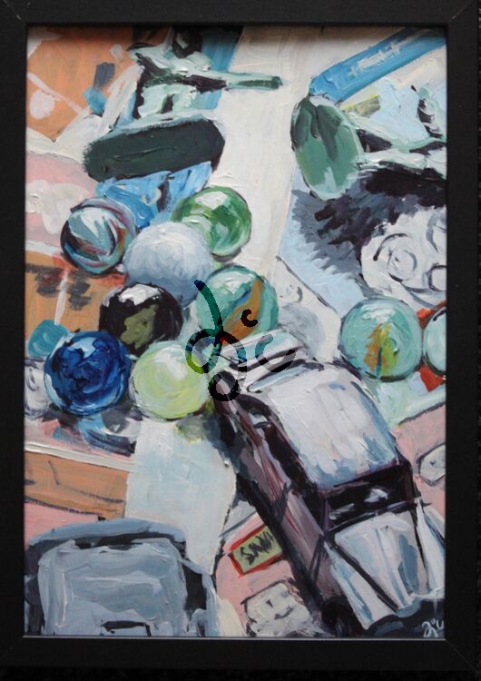 painting of marbles and a toy car on a comic in acrylics