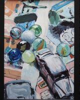 painting of marbles and a toy car on a comic in acrylics