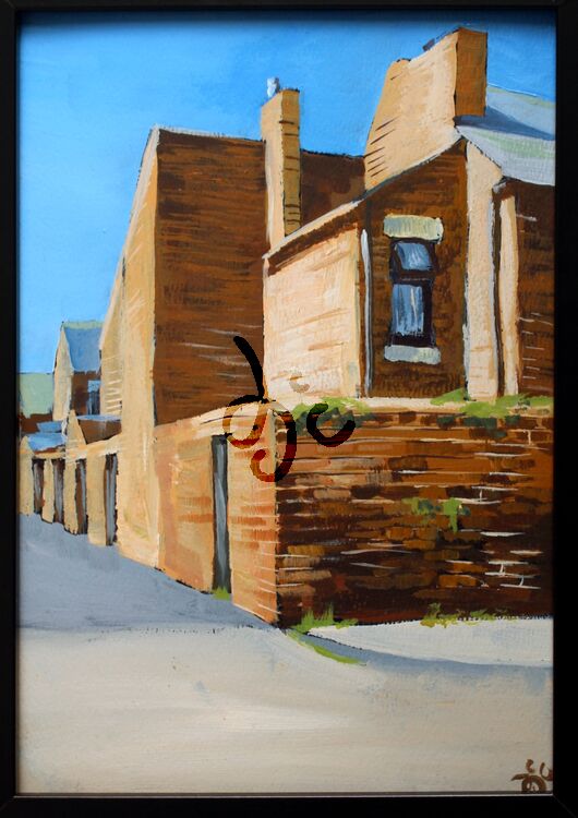 painting of a typical red brick residential back lane in acrylics