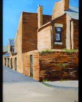 painting of a typical red brick residential back lane in acrylics