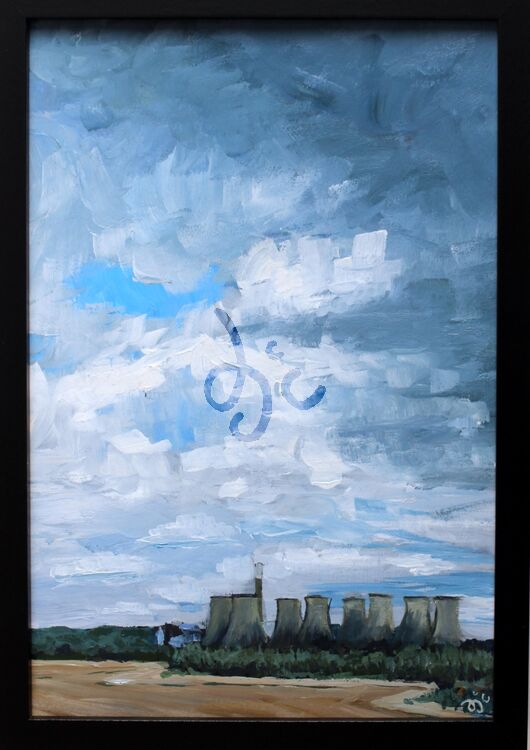 painting of landscape including cooling towers in acrylics